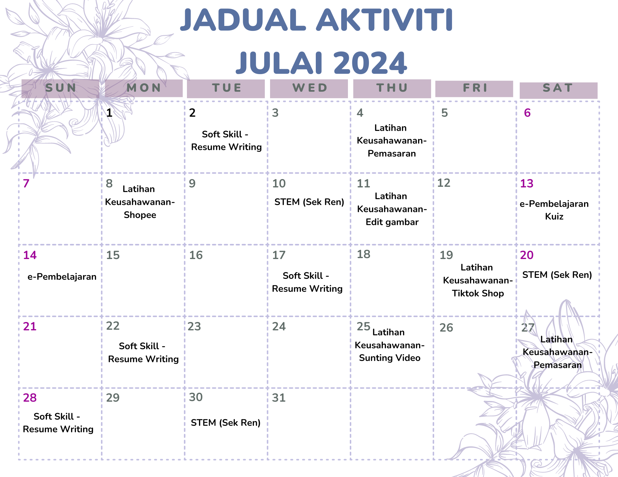 Lavender Lilac Purple Floral Simple Modern June 2024 Monthly Calendar 2